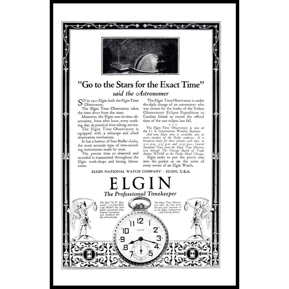 1924 Elgin Professional Timekeeper Watch Time Observatory Vintage Print Ad Art
